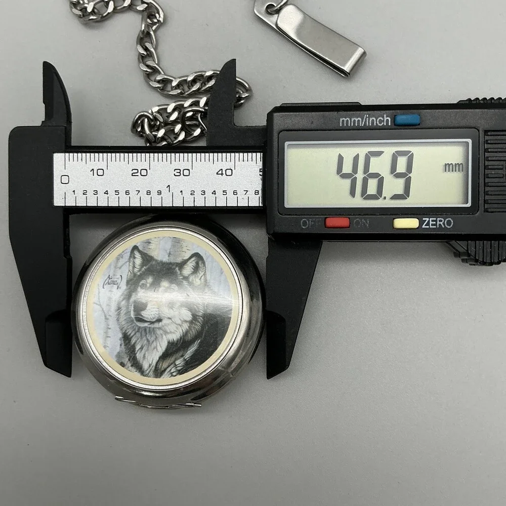 Al Agnew Pocket Watch Men 47mm Silver Tone Wolf Full Hunter Chain Analog
